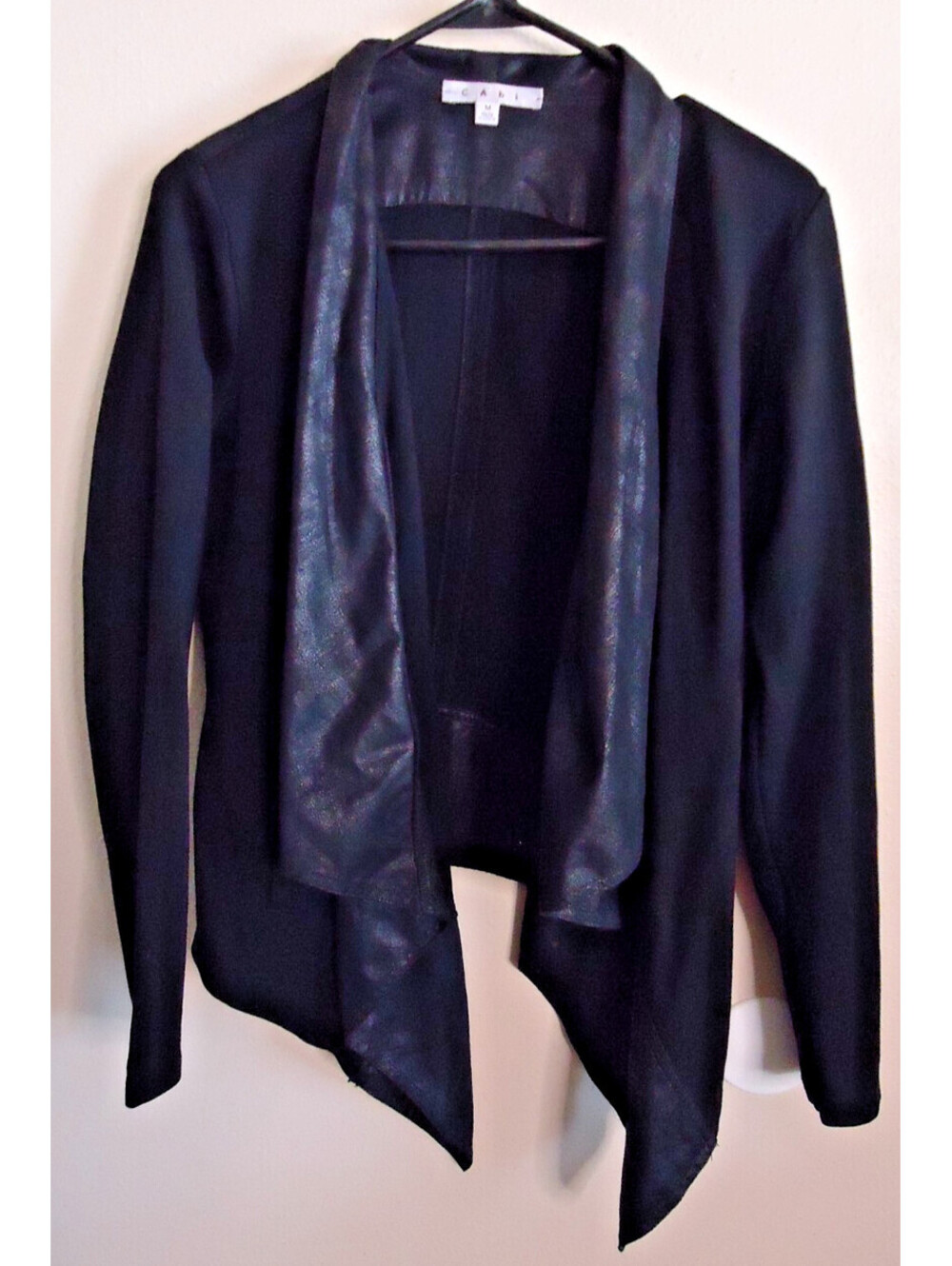CAbi Owens 527 Waterfall Drape Black Jacket Faux Leather Trim Med